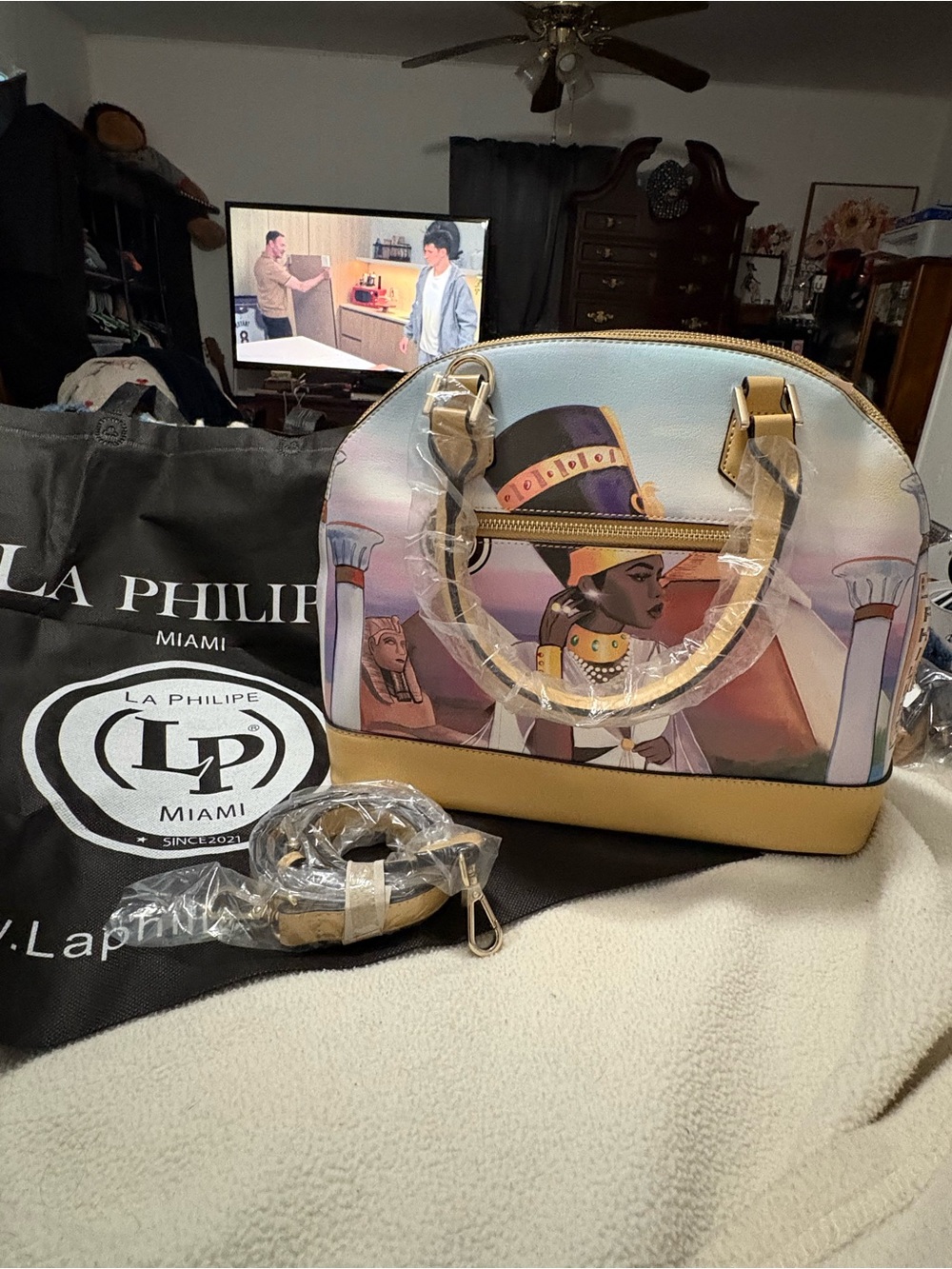 Women's Satchel Handbag in Multi-Color and Tan
